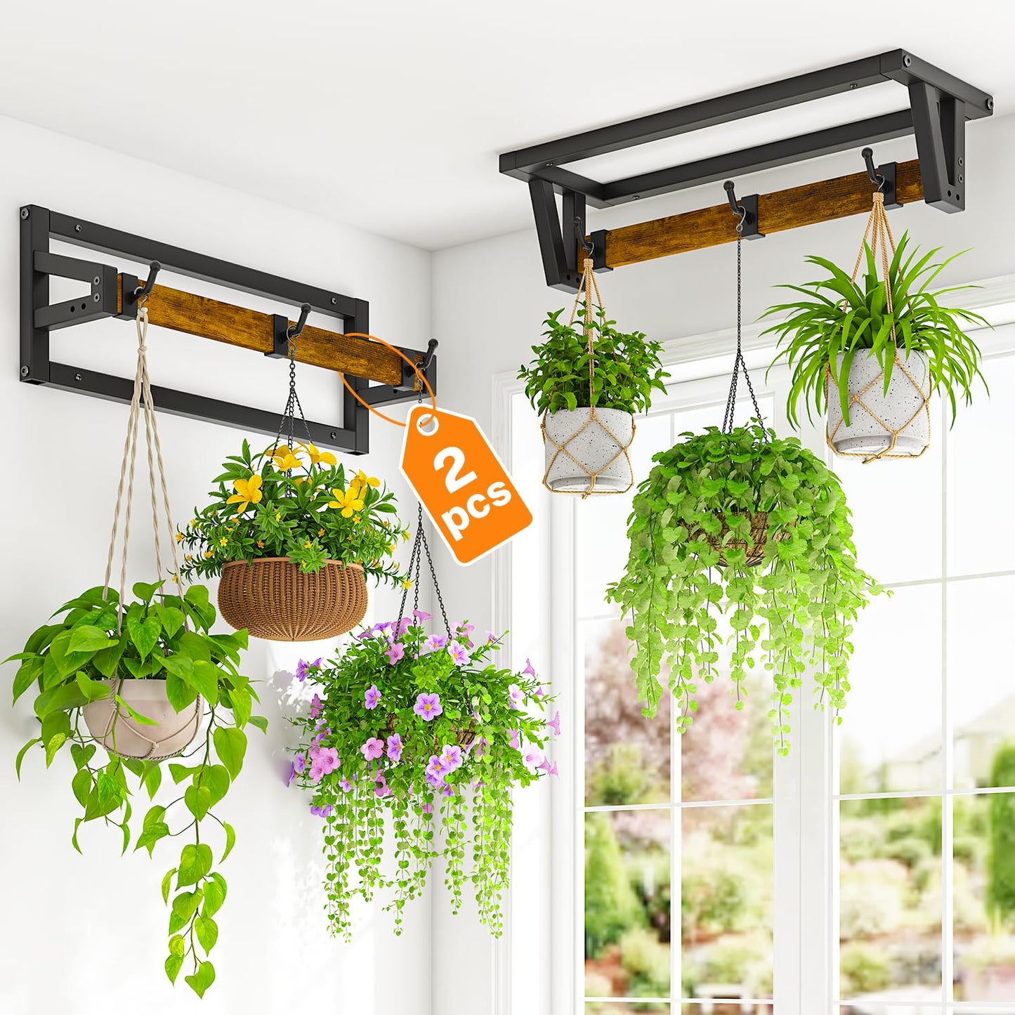 LASZOLA 2 Pcs Plant Hanger Indoor with 6 Heavy Duty Hanging Hooks, Metal and Wood Wall Mounted Plant Hanging Rod, Plant Shelves Holder Bar for Kitchen Window Ceiling (Pot/Chain/Plants not Included)