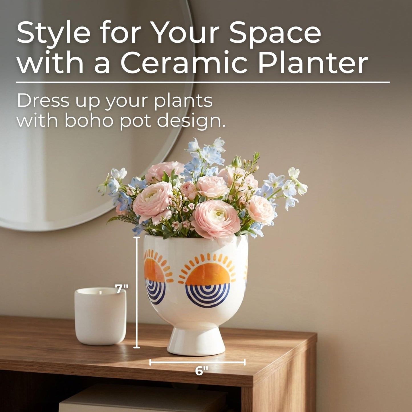 Sagebrook Home Boho Ceramic Planter with Pedestal Base - Hand-Painted Stoneware Plant Pot for Home & Garden - Modern Decorative Design - 7" White