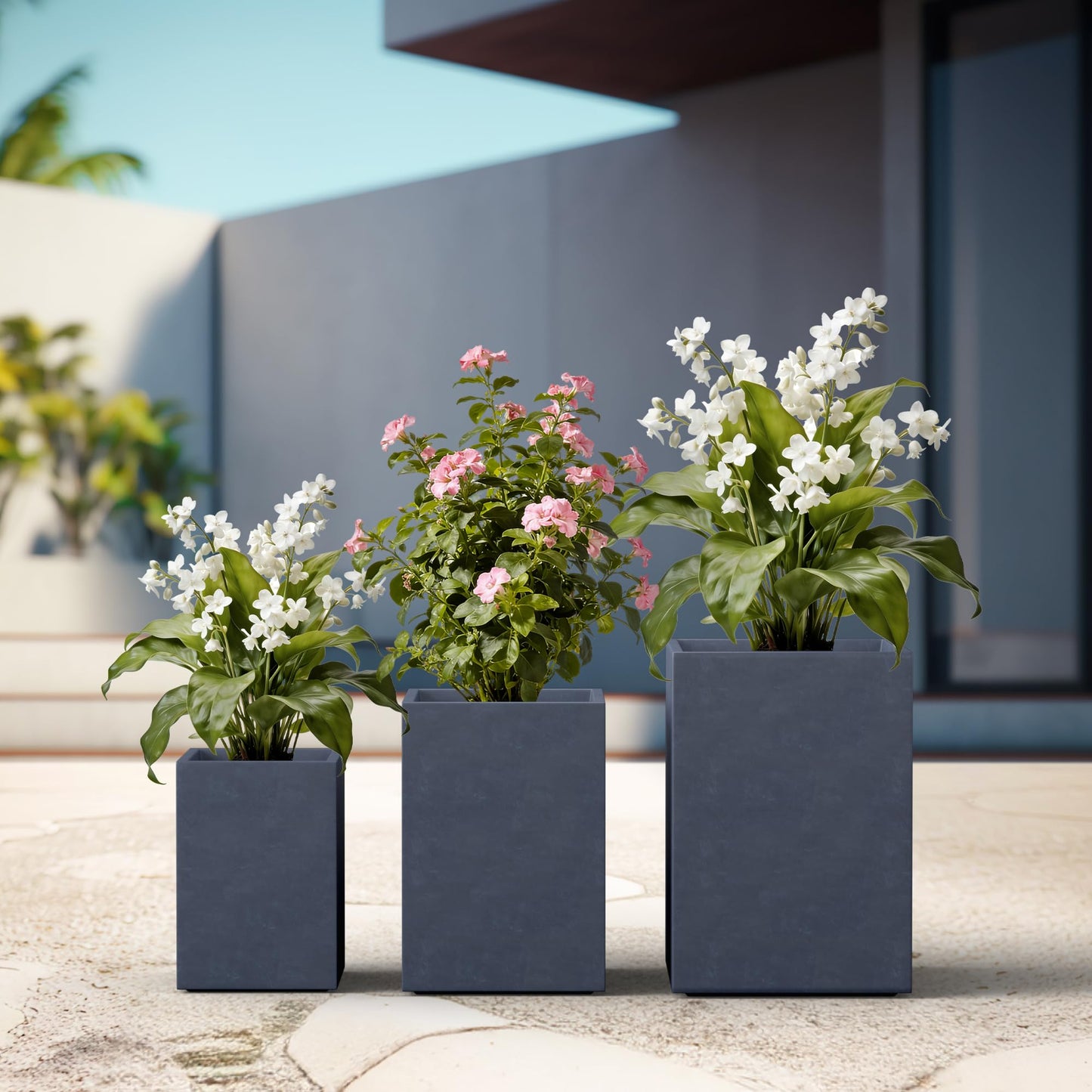 Kante 18.5",15.7",12.6" H Tall Rectangular Concrete Planters Set of 3, Outdoor Indoor Lightweight Plant Pots with Drainage Hole and Rubber Plug, Modern Style for Home Garden Patio, Charcoal
