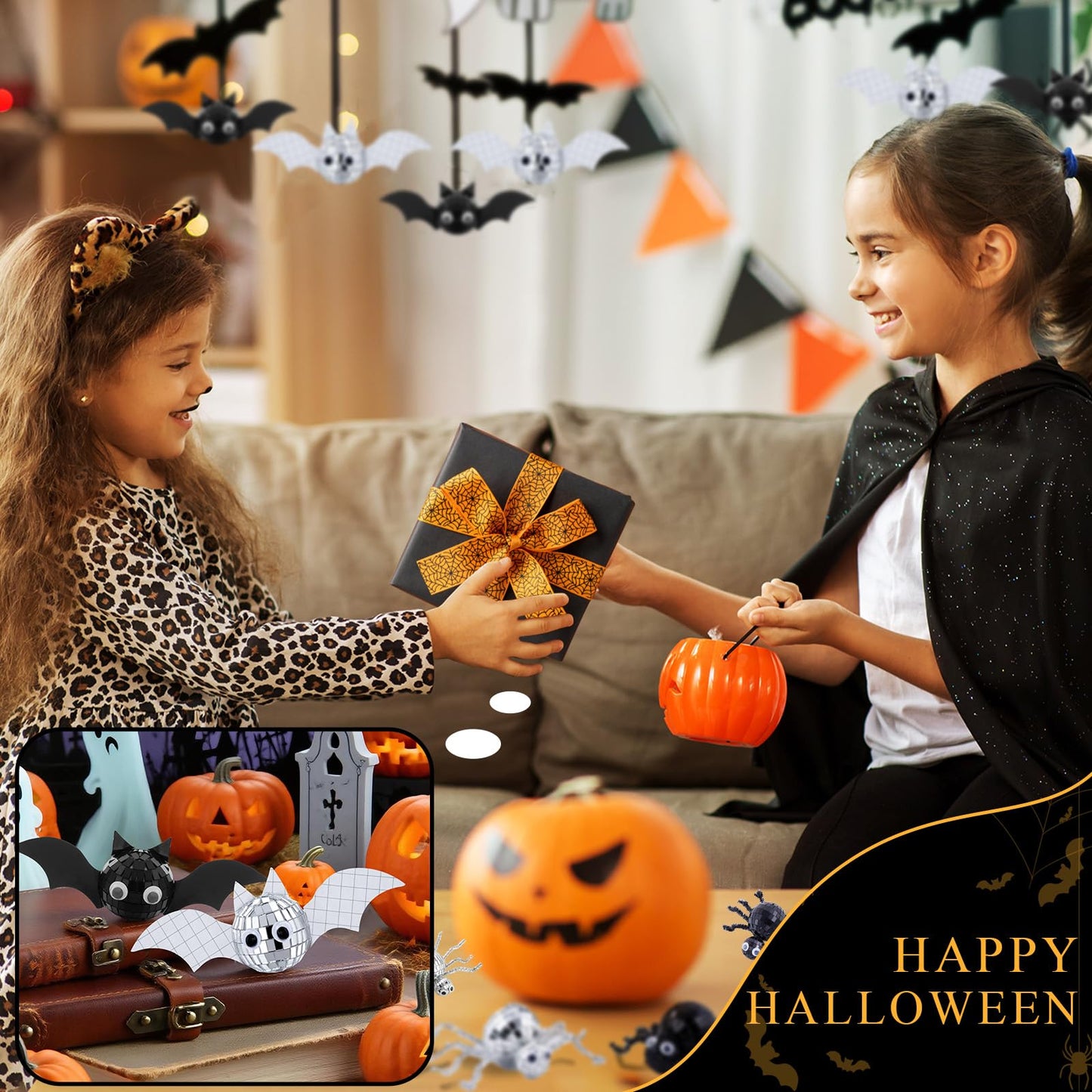 24 Pcs Halloween Disco Bats Halloween Disco Decor DIY Disco Ball for Halloween Party Decor Glitter Disco Ball with Sparkle wing Wiggle Googly Eyes Round Dot Sticker for Halloween DIY Bats
