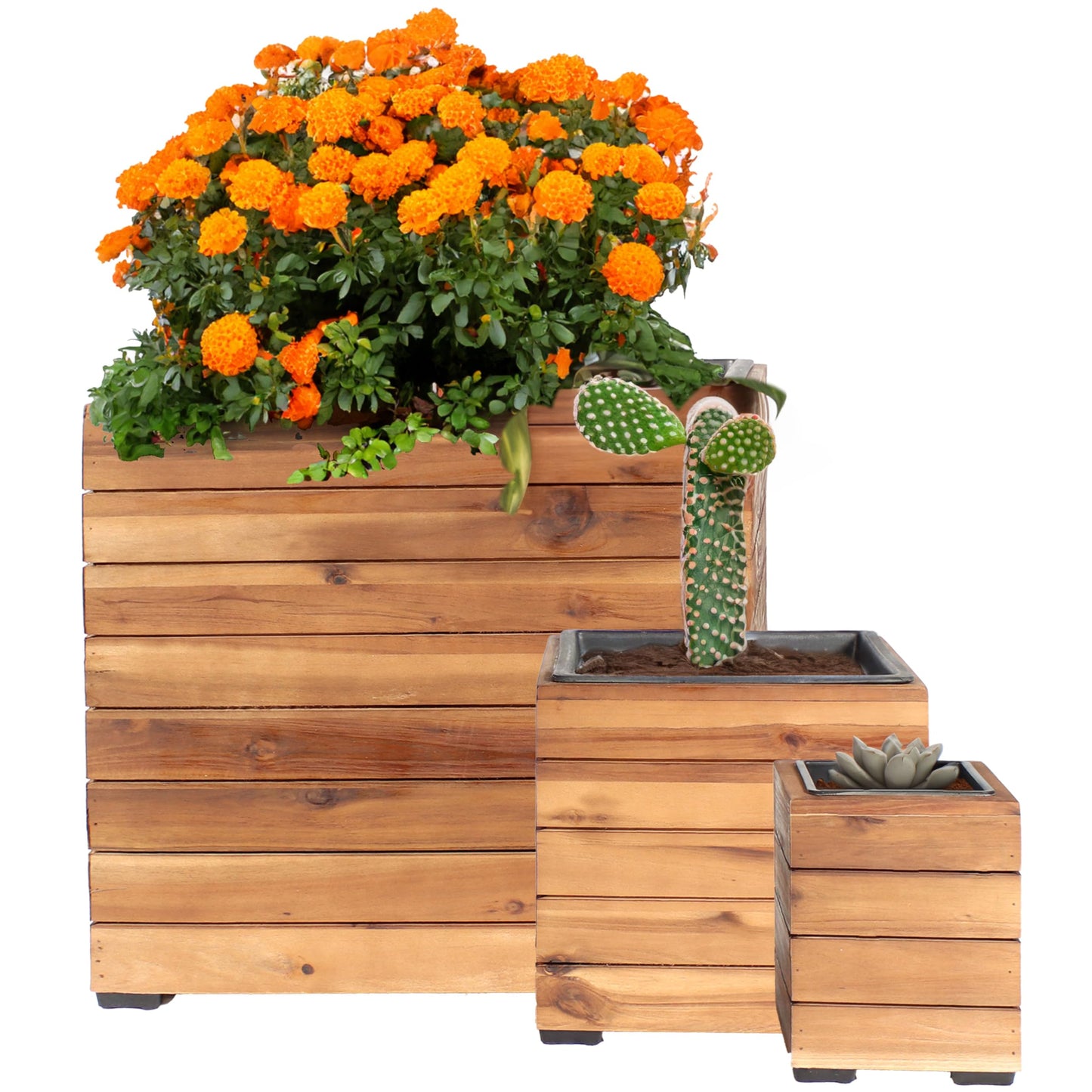 Sunnydaze Indoor/Outdoor Wooden Planter Boxes - 3 Acacia Wood Square Plant Pots with Removable Plastic Liners - Light Brown Stain