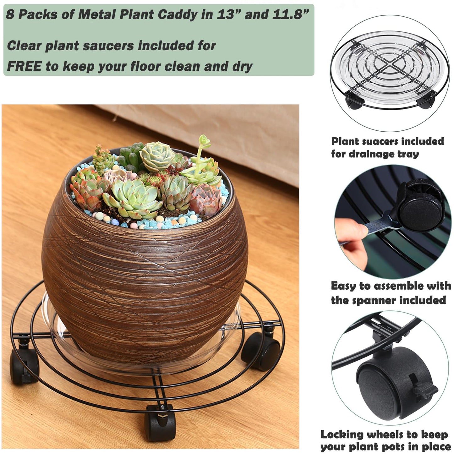 8 Packs Large Metal Plant Caddy with Wheels 13" and 11.8" Heavy-Duty Wrought Iron Rolling Plant Stands with Casters Plant Dolly Plant Roller Base Indoor and Outdoor Plant Pot Movers Planter Rollers