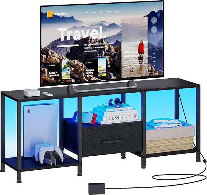 JARHETUN TV Stand with LED Lights, Entertainment Center with Open Shelves and
