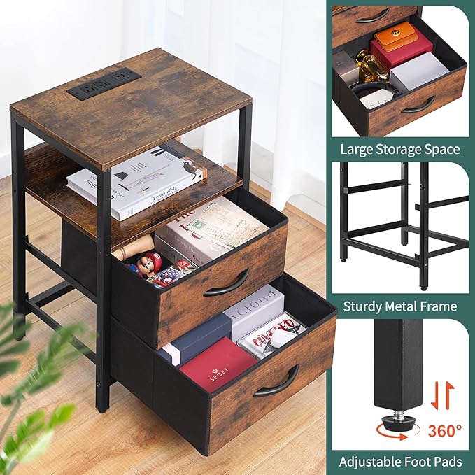 Yoobure Nightstand with Charging Station, LED Night Stand with Fabric Drawers