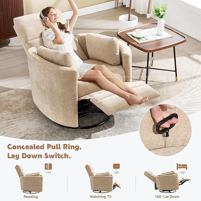 Manual Recliner 360°Swivel Glider Rocking Chair, Upholstered Nursery Adult