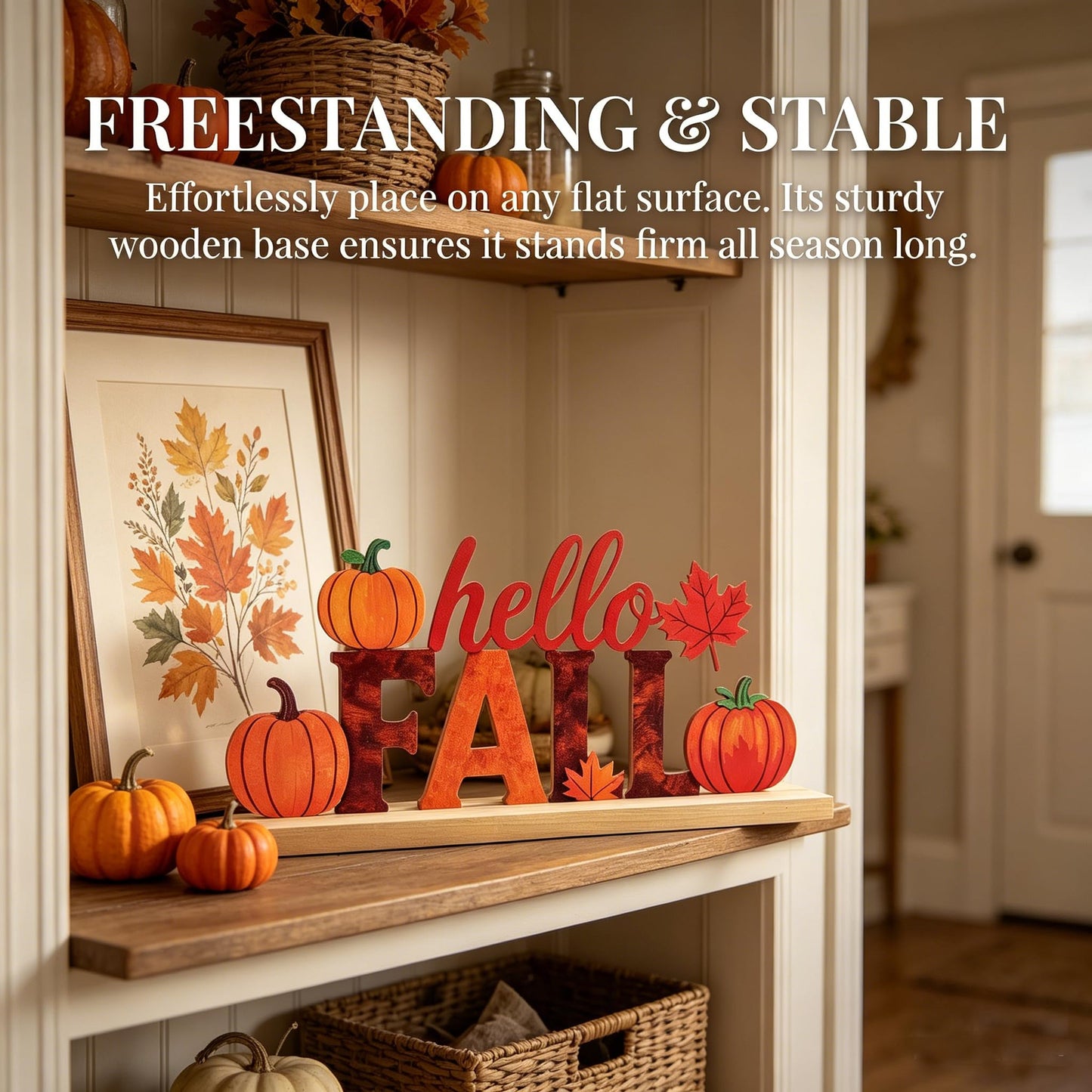 LianheCy Hello Fall Metal Sign with Wooden Base Freestanding Rustic Pumpkin Tabletop Decor Tiered Tray Centerpiece Autumn Decorations for Home Mantel Shelf Fireplace Office
