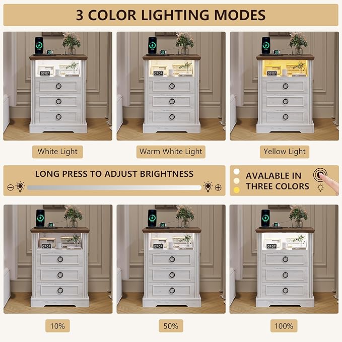 Nightstand with Charging Station, Farmhouse End Side Table with 3 Drawers and