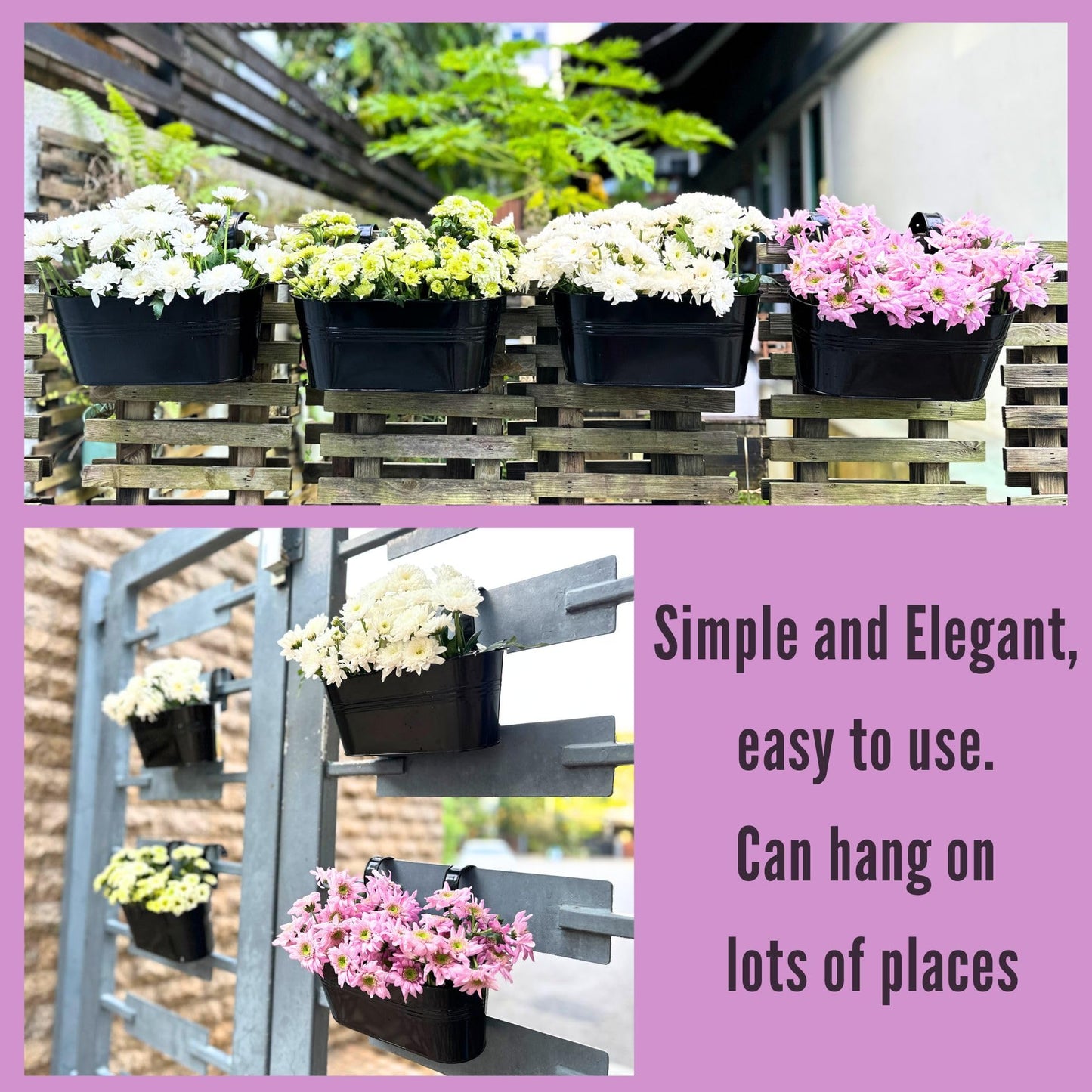 LaLaGreen Bundle - 10 Pack, 11.2 Inch Black + 10 Pack, 6 Inch Silver Metal Pots,Wall Mount Modern Fence Bucket Outdoor Planter Boho Farmhouse Window Rail Box Plant Holder Balcony Garden Decoration