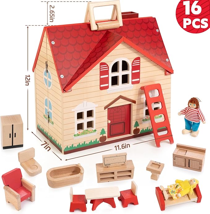 Foldable Wooden Dollhouse with 13PCS Furniture, 4 Rooms and 2 Flexible Dolls