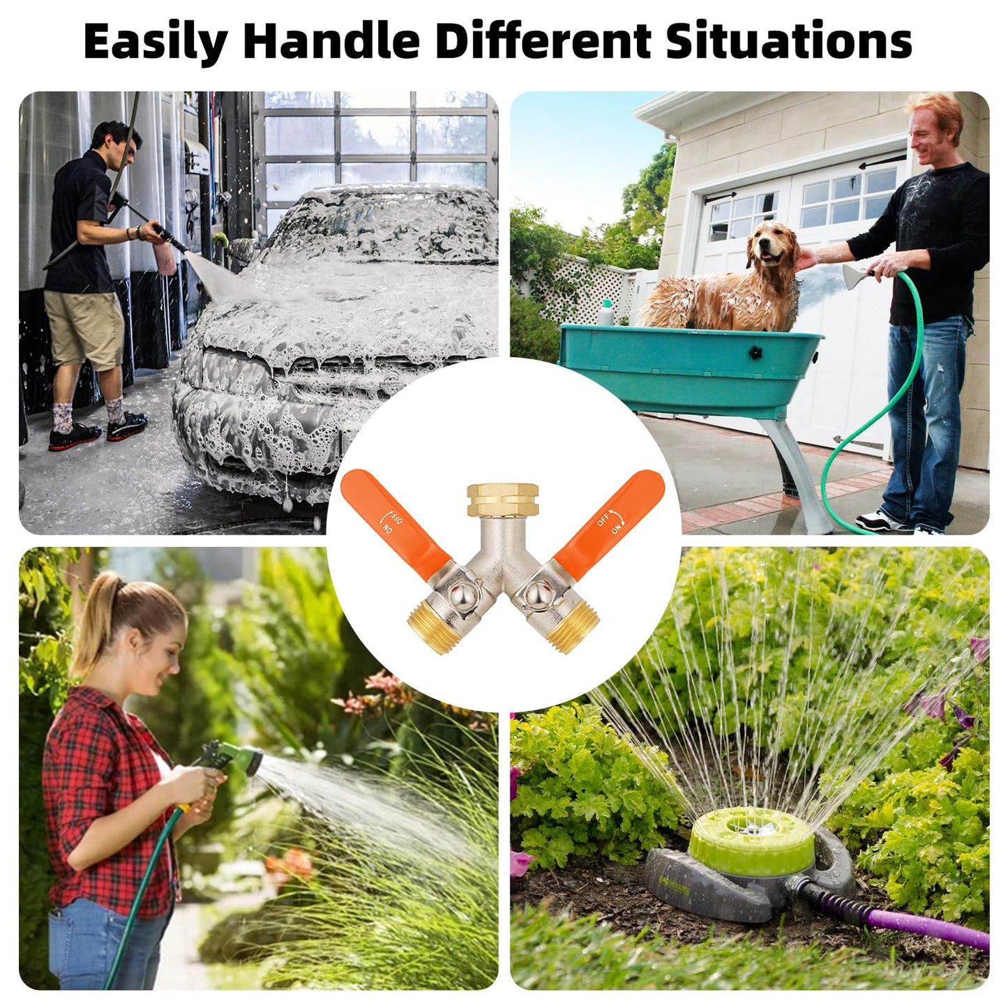 DINGBAI 2 Way Hose Splitter, Brass High Flow Garden Hose Splitter Heavy Duty, Hose Connector, Water Spigot Splitter, Full Flow Faucet Splitter with shutoff, 3/4” GHT Inlet