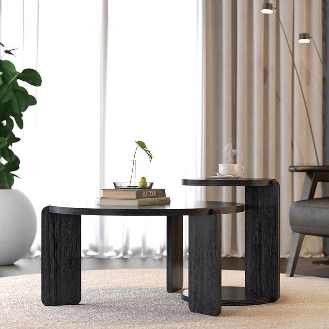 GDFStudio Round Nesting Coffee Table Set of 2, Modern Wooden Accent Side Table