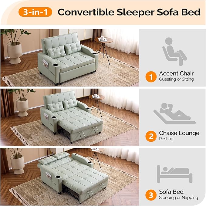 VINGLI Green Futon Sofa Bed Convertible Loveseat Sleeper Couch, Faux Leather