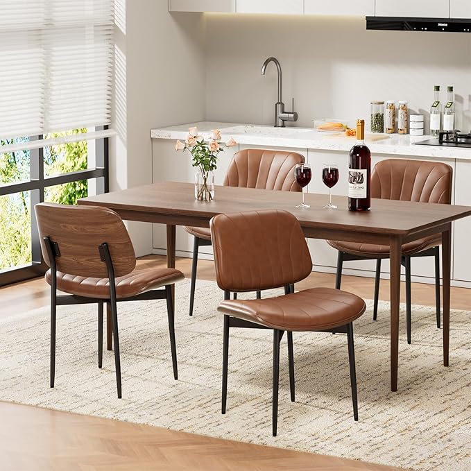 REONEY Dining Chairs Set of 4, Mid-Century Modern Upholstered PU Leather Chairs