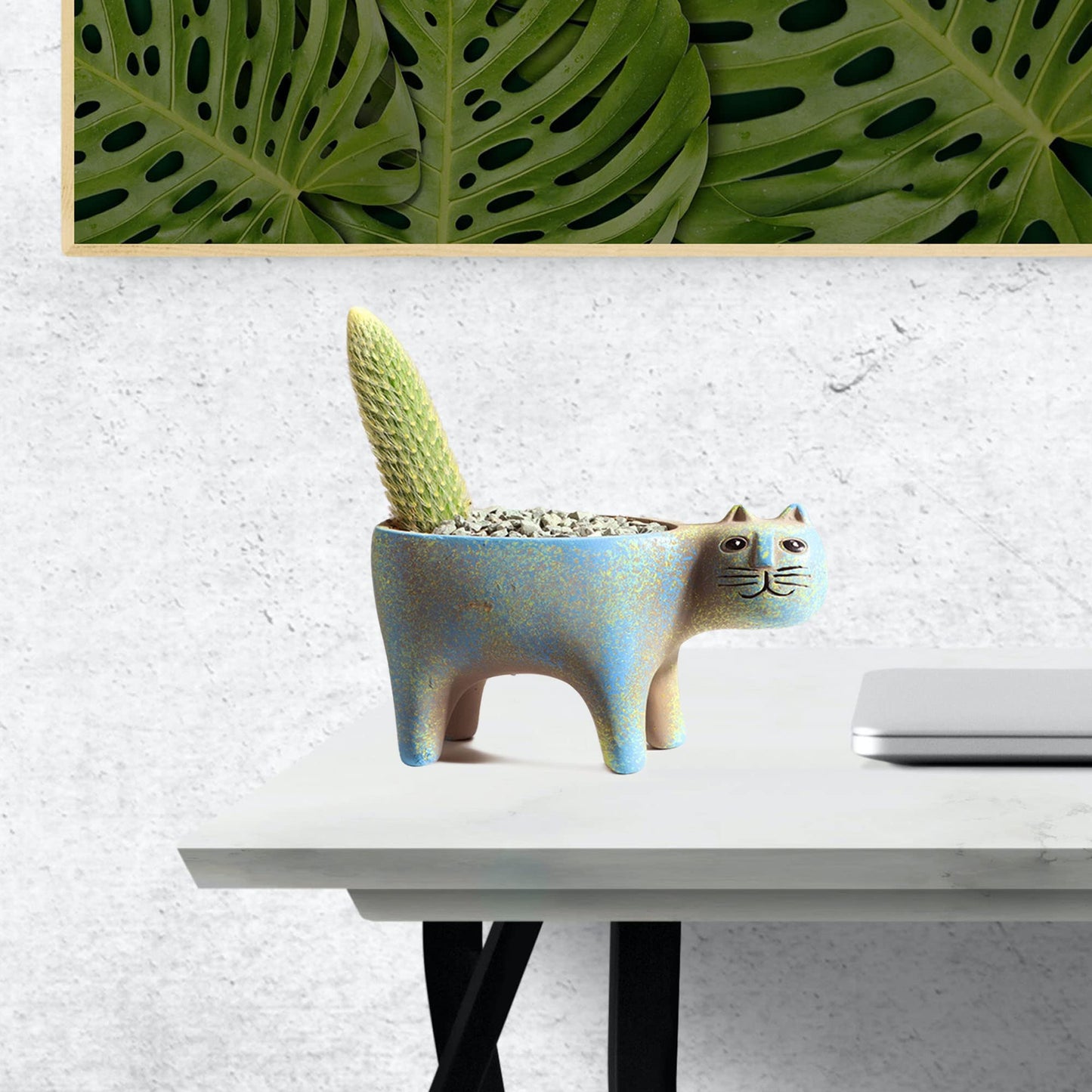 DIYOMR Cat Planter Animal Succulent Pots, Ceramic Cat Mini Flower Pots Cactus/Plants Containers for Home Office Desk Windowsill Decor, Plants Not Included (Light Blue)