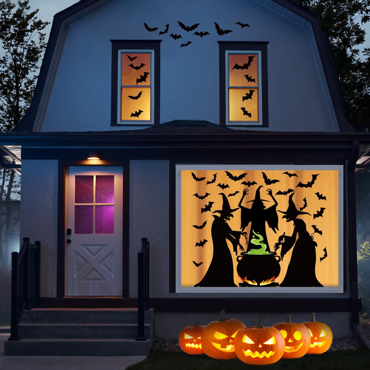 3 Sheets Halloween Witches Window Clings Decor Extra Large Witches with Cauldron Bats Silhouette Double Sided Halloween Window Decals Wicked Witch Windows Stickers for Party School Home Office Glass