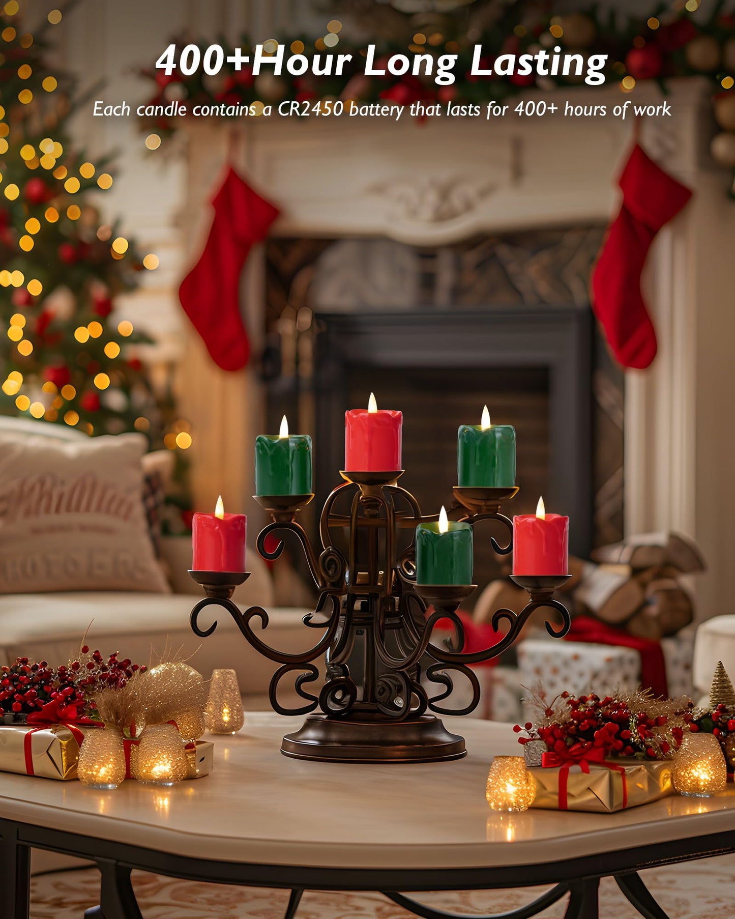 Homemory 2" x 2" Green & Red Timer Flickering Flameless Candles, 400+ Hour Battery Operated Votive Candles, 6Pack 3D Wick Electric Fake Candles for Party, Christmas, Halloween and Festival Celebration
