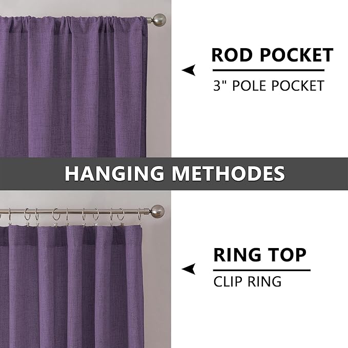 Tollpiz Linen Curtain Bedroom Rod Pocket Semi Sheer Curtains Burlap Light Filtering Thick Linen Drape for Living Room, 54 x 63 inches Long, Royal Purple, Set of 2 Panels