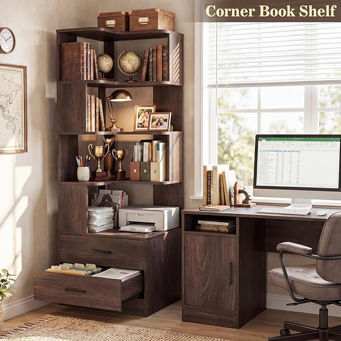 Armocity Corner Bookshelf with Drawers, 7 Tier Corner Book Shelf Display