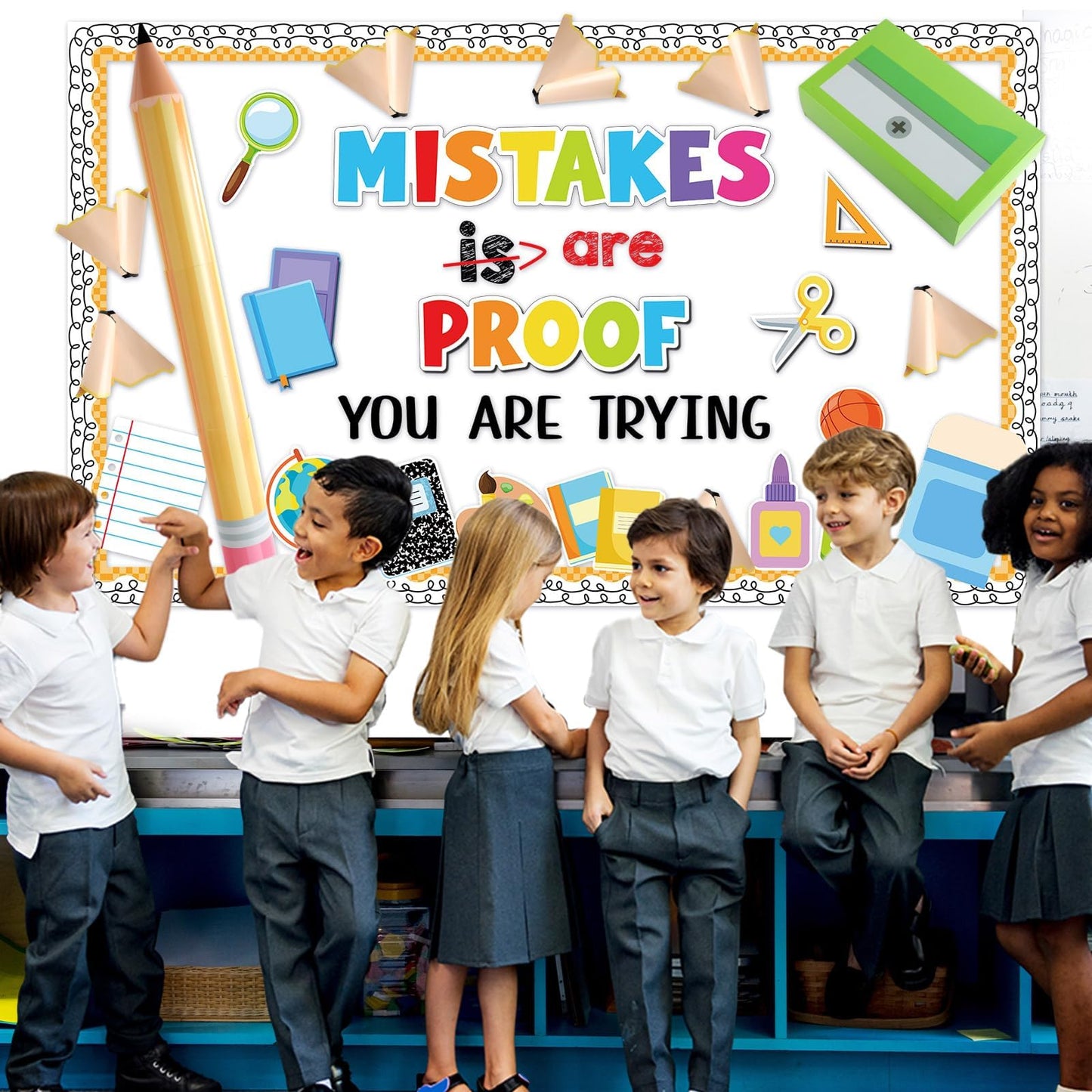3D Back to School Bulletin Board Set Inspirational Classroom Decoration Educational Pencil Cutouts Mistakes are Proof You are Trying Bulletin Board for Teacher School Home Chalkboard Door Wall Decor