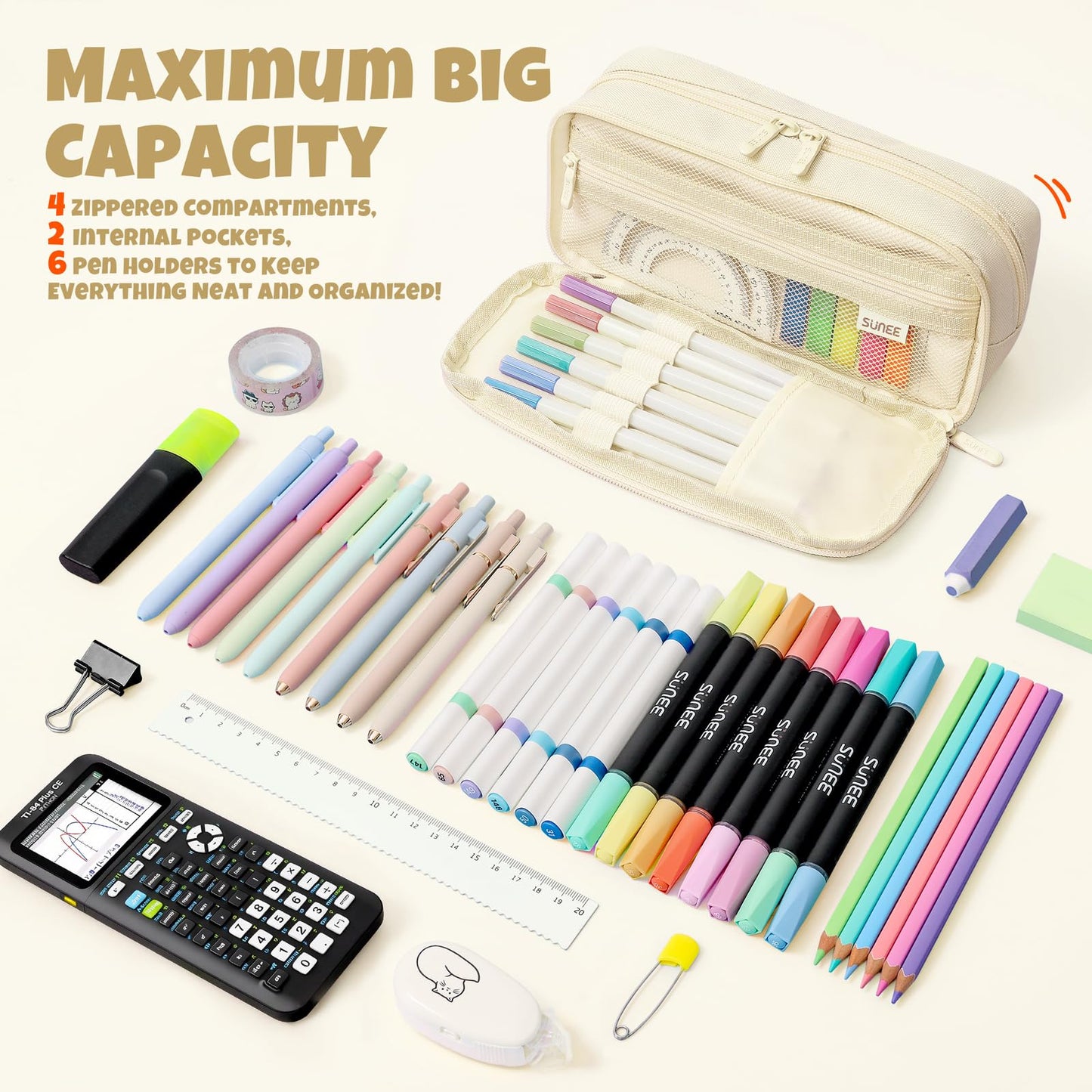 SUNEE Pencil Case, Large Capacity Pencil Pouch, Aesthetic Big Pen Bag 900D Oxford Pen Box for Office Stationery Organizer School Supplies Multifunctional for Teen Boys Girls Women Men, Beige