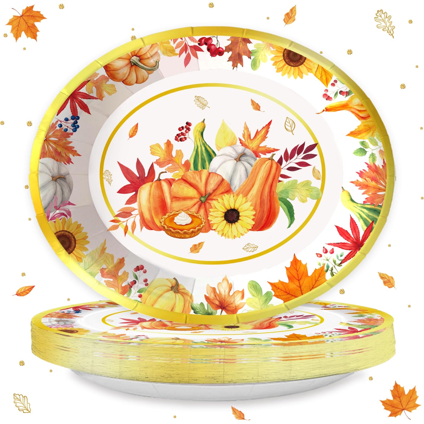 50PCS Autumn Harvest Party Plates Fall Pumpkin Themd Oval Plates Thanksgiving Maple Leaf Disposable Dinner Plates for Fall Gathering Party Decorations Holiday Festive Serving Trays and Platters