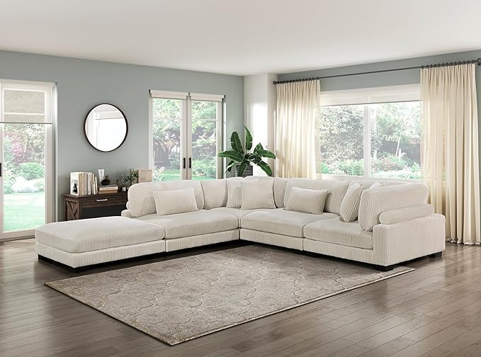 Modular Corner Seat, Plush Beige Corduroy Sofa, Customizable Living Room