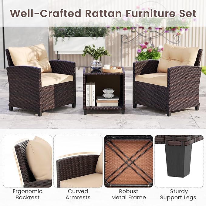 HAPPYGRILL 3 Pieces Patio Conversation Set, Outdoor Rattan Wicker Chairs &