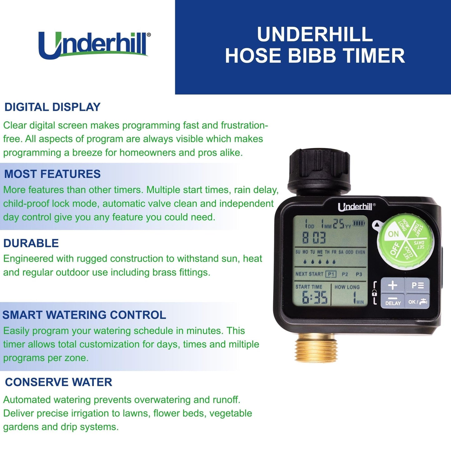 Underhill AquaZone Digital Hose Timer – Automatic Garden Water Timer with LCD Display, Programmable Irrigation Controller for Sprinklers, Drip Systems & Garden Hose Faucets
