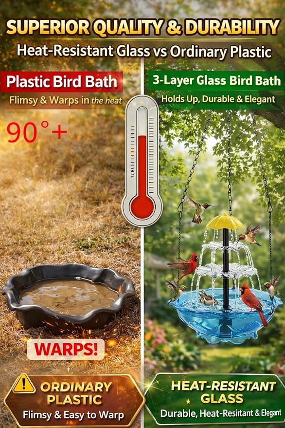 Solar Cascade Hanging Bird Bath Fountain, 2026 New Outdoor Hanging Bird Bath with Solar Fountain, Large Humming Birds Baths Fountains, with Solars Pump & Glass Bowl, for Outdoor, Gardens (#9)