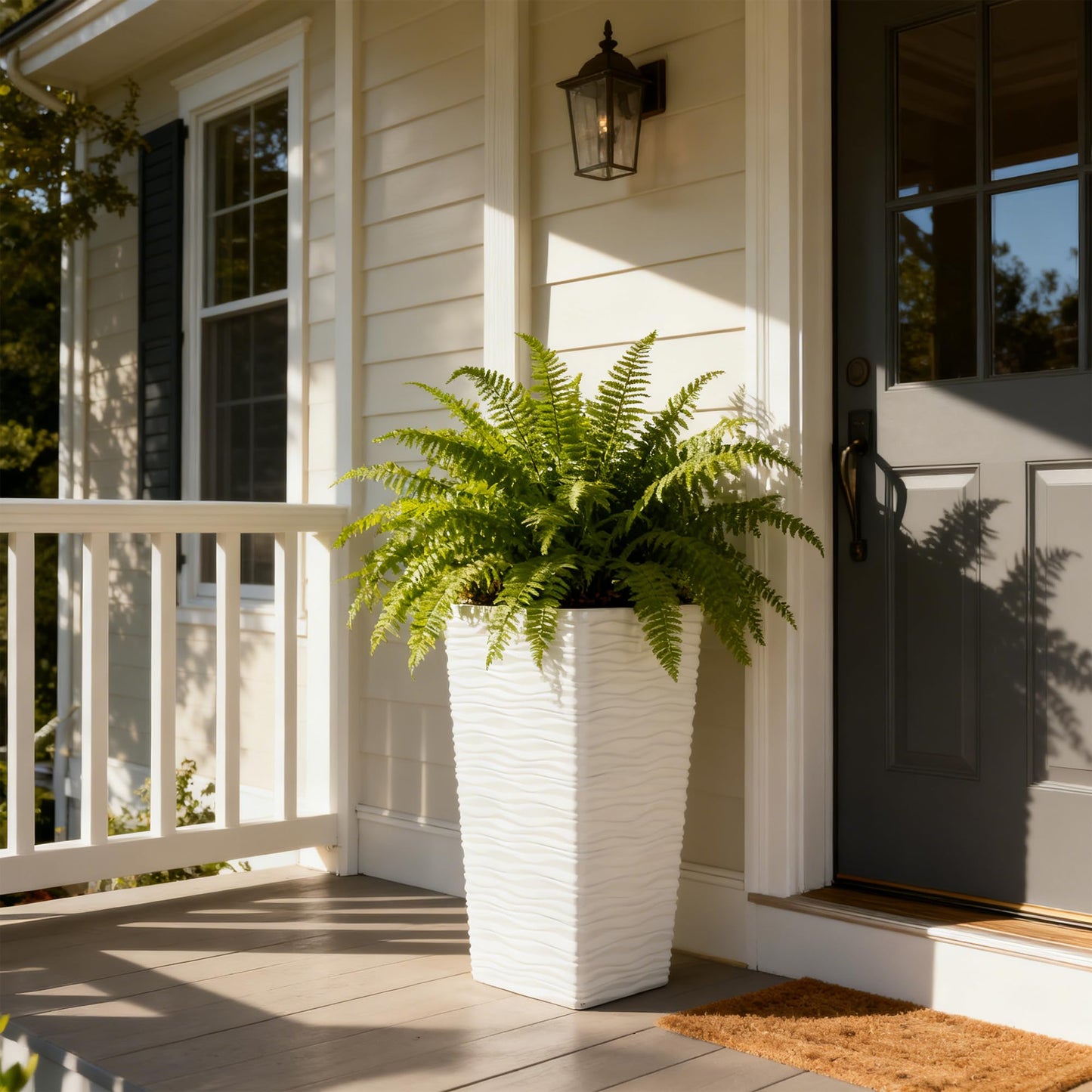 Worth Garden 22" Tall Planters Set of 2 - Plastic White Square Plant Pots with Drainage Hole - Modern Large Tapered Matte Wavy Tree Flower Pot for Indoor Outdoor Porch Deck
