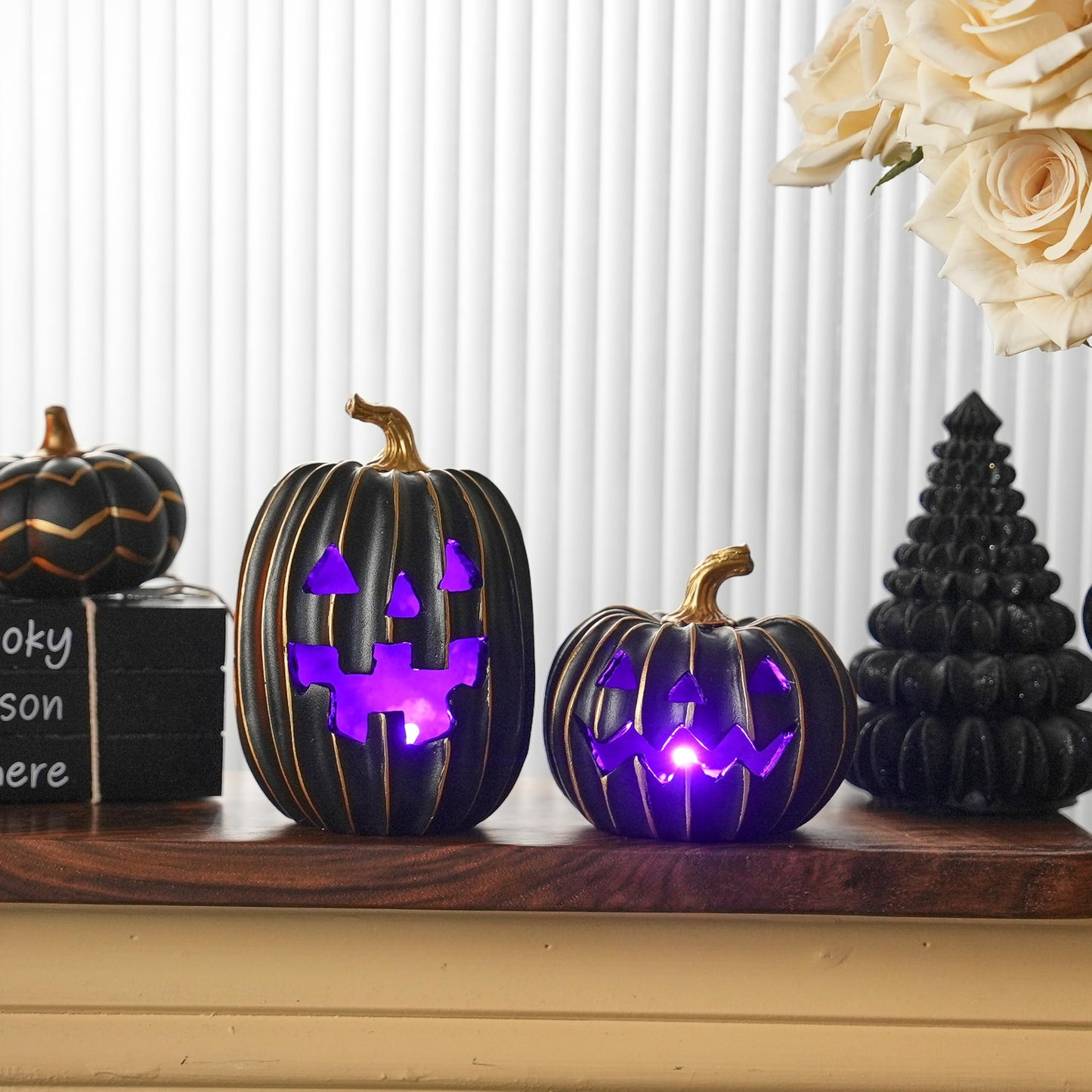 FESTGLOX 2Pcs Light Up Black Pumpkins for Halloween with Gold Lines, Small Jack O Lantern Pumpkins with Purple LED Light, Resin Halloween Pumpkin for Indoor Spooky Decor, Table (Battery Operated)