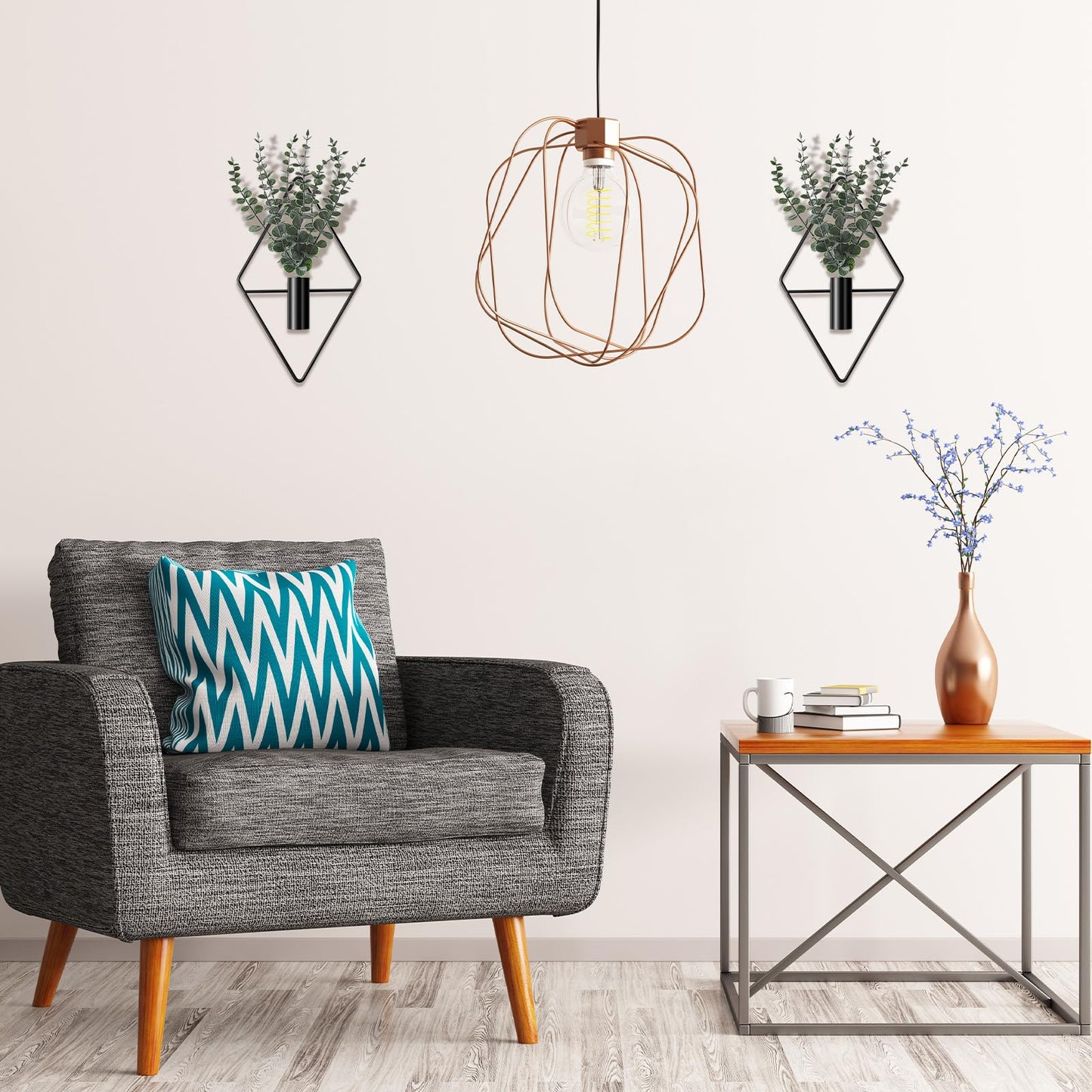Jexine 4 Pcs Hanging Planters with Artificial Eucalyptus Metal Hanging Vase Indoor Plants Holder Modern Geometric Boho Bathroom Wall Decor for Living Room Home Office(Black)