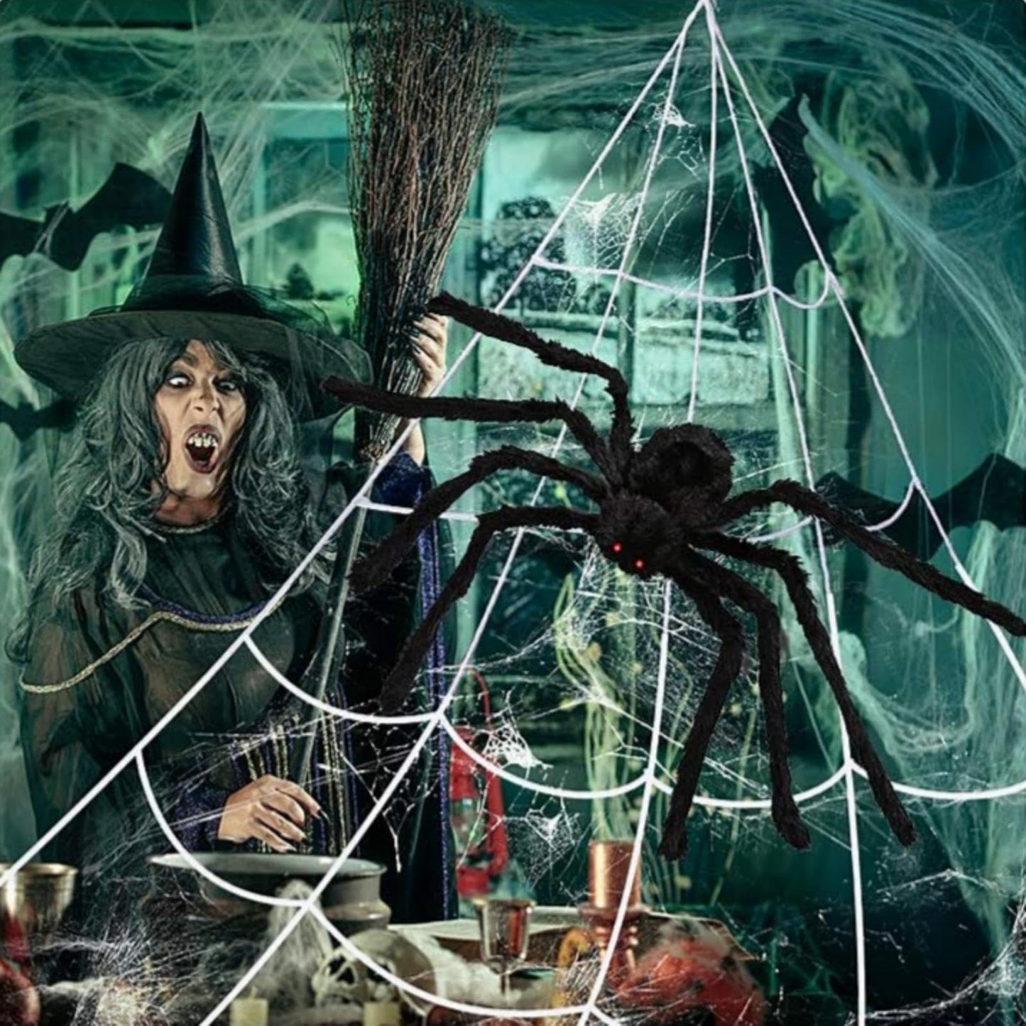 PUHPIG 200" Halloween Spider Web + 59" Giant Spider Decorations, Triangular Huge Spiders Web and Hairy Scary Fake Spider, for Indoor Outdoor Porch Yard, Scary Haunted House Party, and Halloween Décor