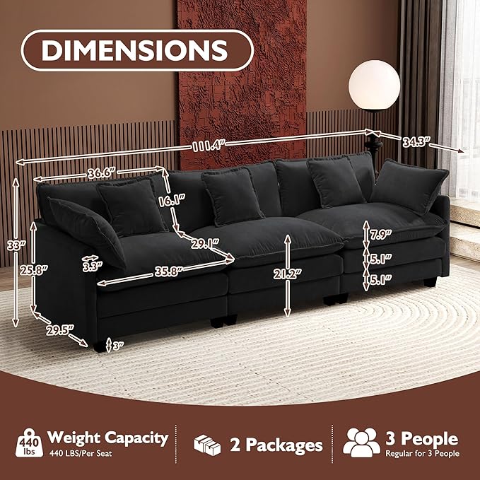 Ihanherry 111.4 Inch 3-Seater Cloud Sofa, Modular Sectional Couch, Modern Deep