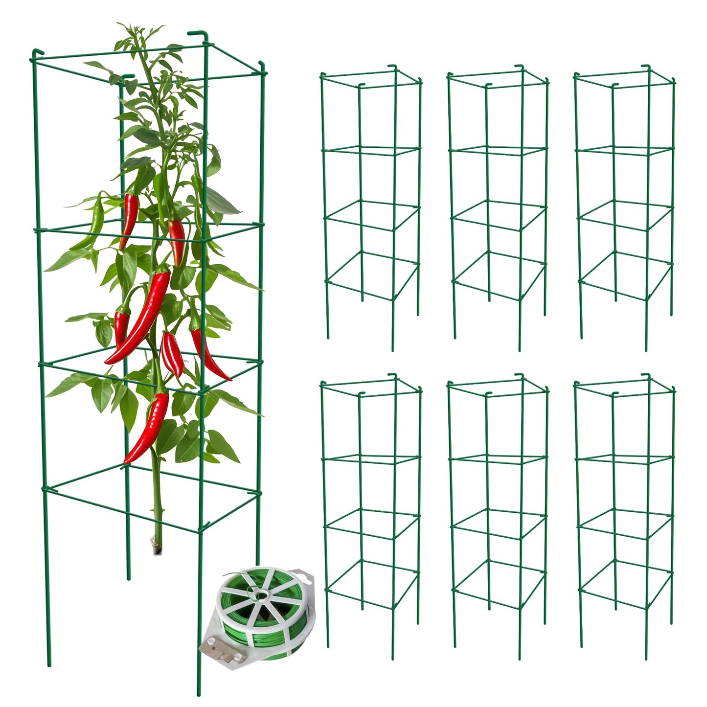 Thealyn Tomato Cages 6 Packs 46 Inches (H) Plant Stand with 164 Feet Twist Ties, Heavy Duty Garden Plants Support for Tomatoes, Cucumber, and Other Climbing Plants (Green)