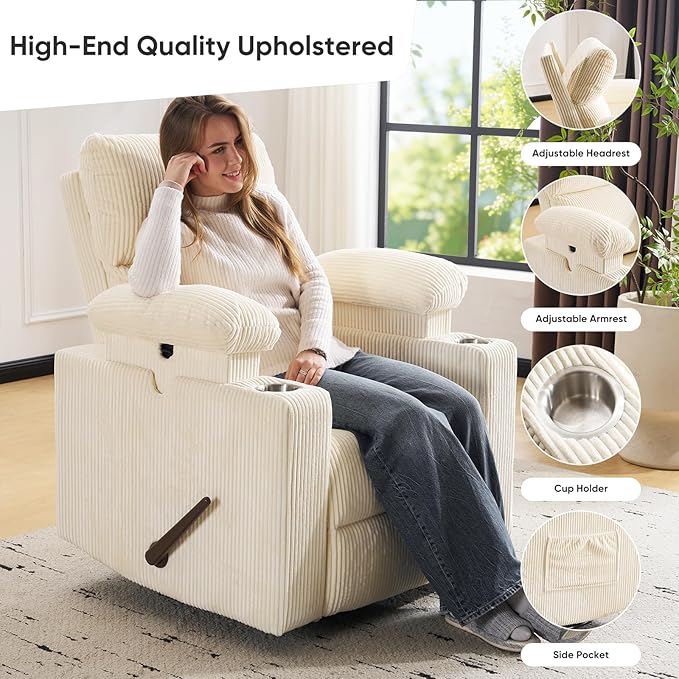 Swivel Rocker Recliner with Adjustable Armrests, Rocking Nursery Chair with