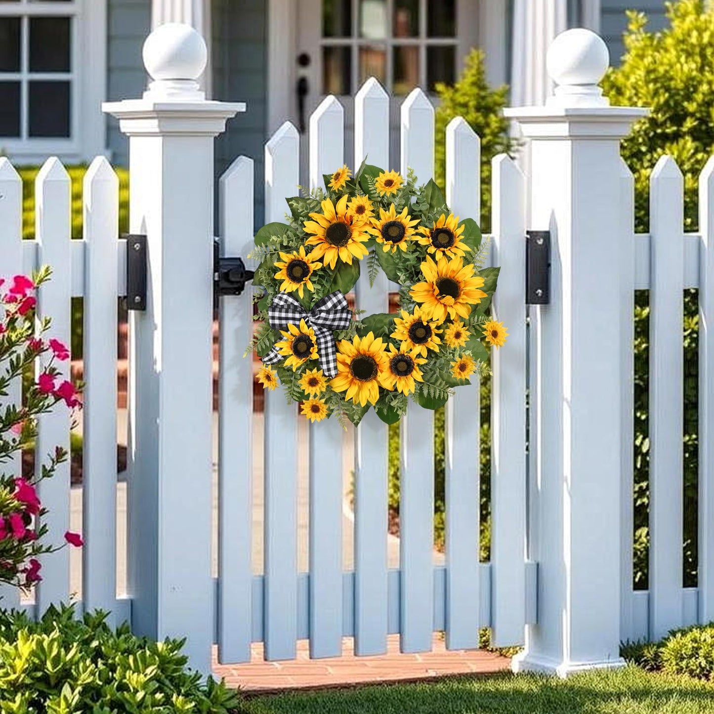 24 Inch Large Sunflower Spring Summer Wreath for Front Door, All Season Wreath with Bow Wreaths for Unique Housewarming Gift, Porch Wall Farmhouse Home Wedding Holiday Decor