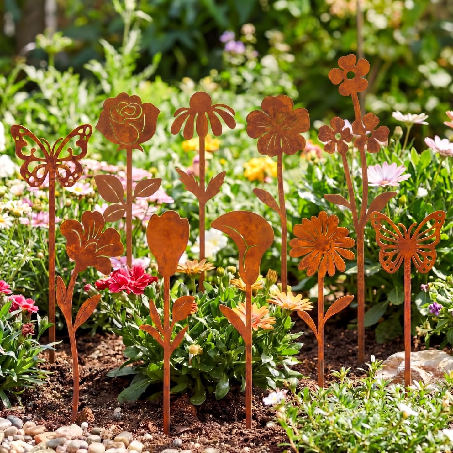 Otoolling 10 Pcs Rusty Metal Flowers and Plants, Rusty Rustic Metal Flowers Signs for Outside Yard Art Gift for Yard Decorative Garden Stakes Potted Plants Walkway and Garden