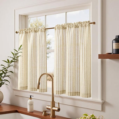 jinchan Linen Kitchen Curtains Striped Tier Ticking Stripe Pinstripe Cafe 36 Inch Length for Living Room Bathroom Farmhouse Rustic Curtains Rod Pocket 2 Panels Beige