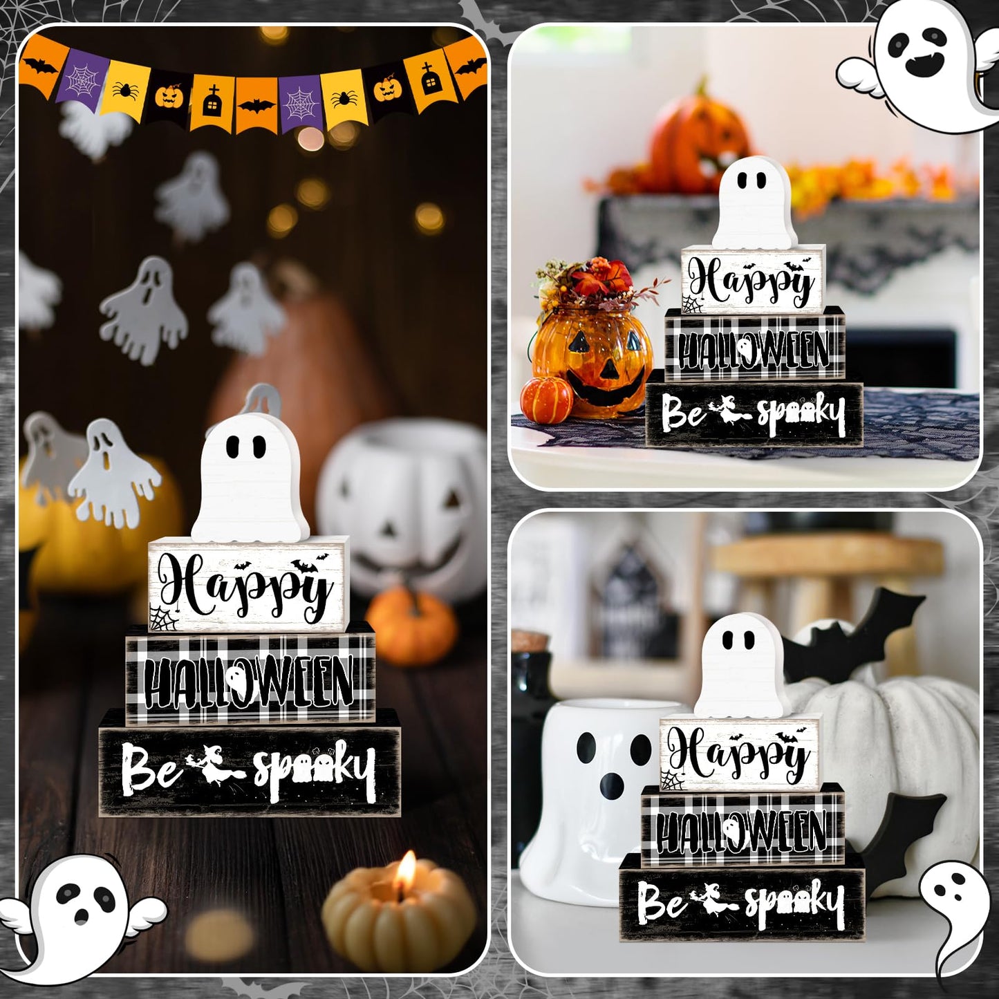 Britimes 4 Pcs Halloween Decorations for Home Ghost Table Decor Halloween Tiered Tray Decorations Set Gift Spooky Stack Block Signs Rustic Farmhouse Tabletop Decor for Table & Home Office