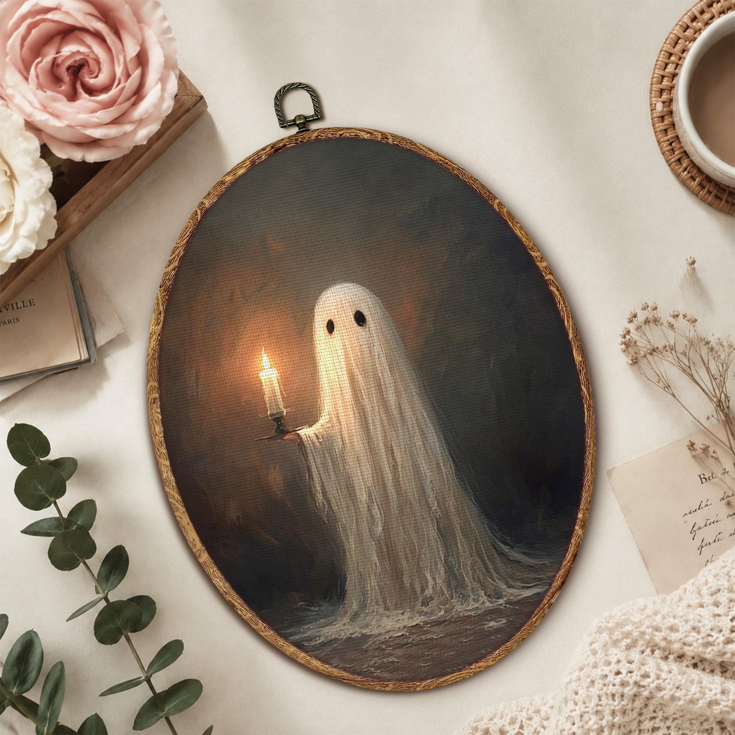 Tzhim Cute Ghost Holding Candle Canvas Wall Art, Spooky Halloween Ghost Oval Wall Art Decor, Dark Academia Room Decor, Gothic Victorian Framed Hanging Decorations for Home Bedroom, 8.5x11.5in