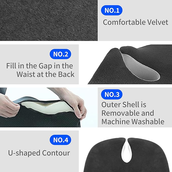 Office Chair Cushion with Coccyx Cutout & U-Shape Design, 2.8" Memory Foam for Back Pain Relief - Ergonomic Seat Pad, Removable Cover, Universal Fit