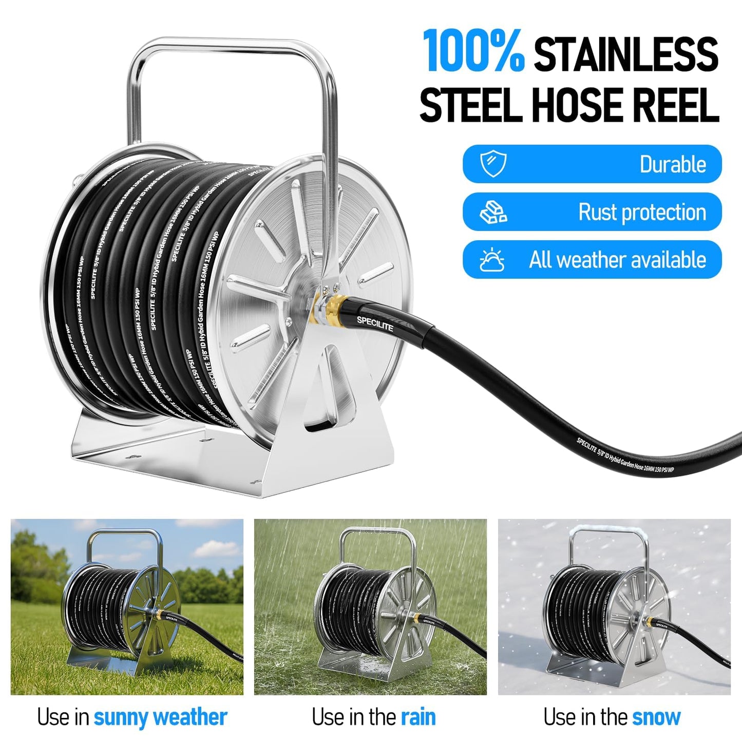 SPECILITE Stainless Steel Garden Hose Reel with 5/8" 75FT Hybrid Rubber Hose and 6FT Leader Pipe, Wall/Floor Metal Mounted Storage Spool with Crank Handle, for Outside, Yard, Patio
