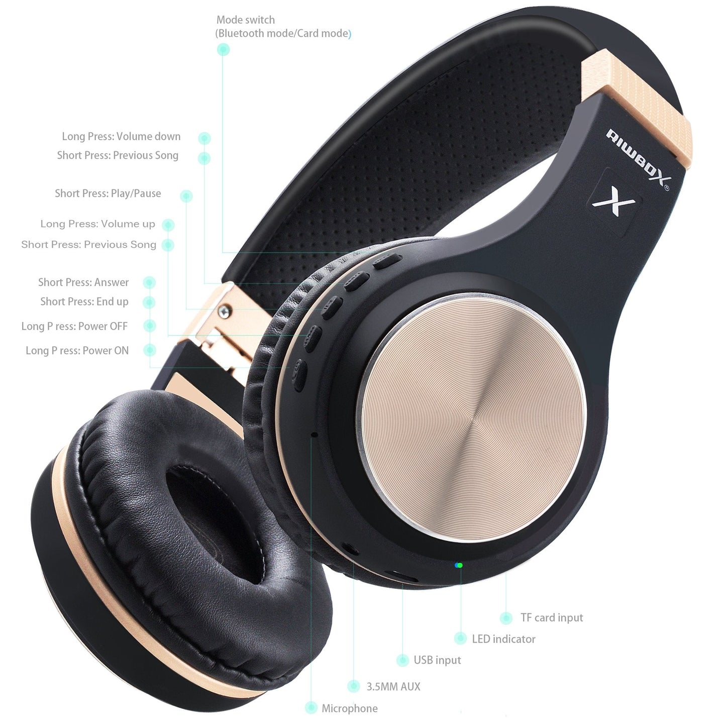Riwbox Bluetooth Headphones, XBT-80 Folding Stereo Wireless Bluetooth Headphones Over Ear with Microphone and Volume Control, Wireless and Wired Headset for PC/Cell Phones/TV/Gym (Black Gold)