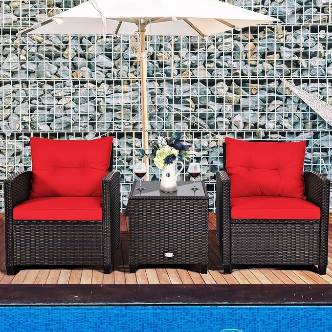 COSTWAY 3PCS Patio Furniture Set, PE Rattan Wicker Sofa w/Washable Cushion and