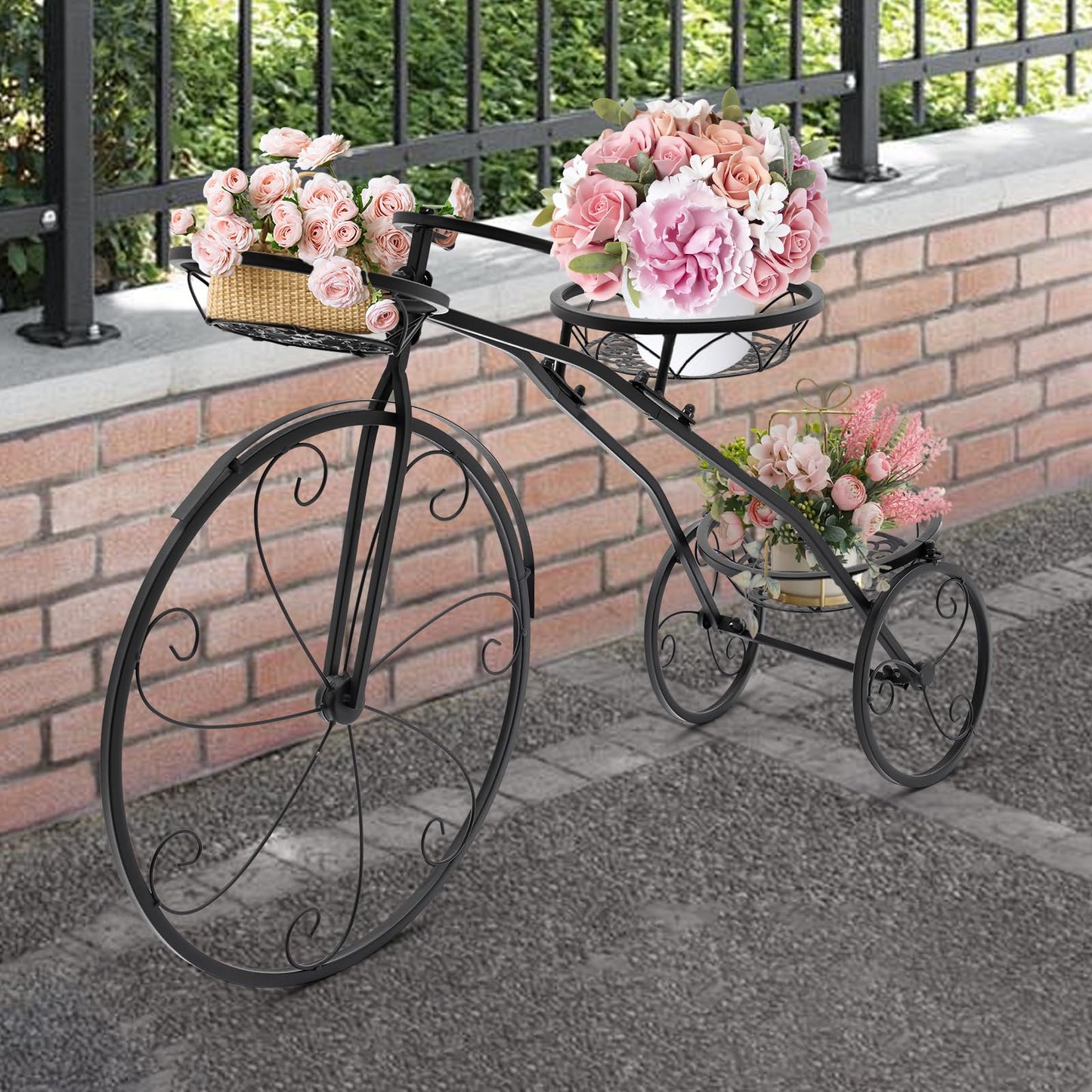 QQDETRR Bicycle Plant Stand, Large Metal Tricycle Planter for Indoor/Outdoor, 3-Tier Flower Holder for Garden, Home, Black