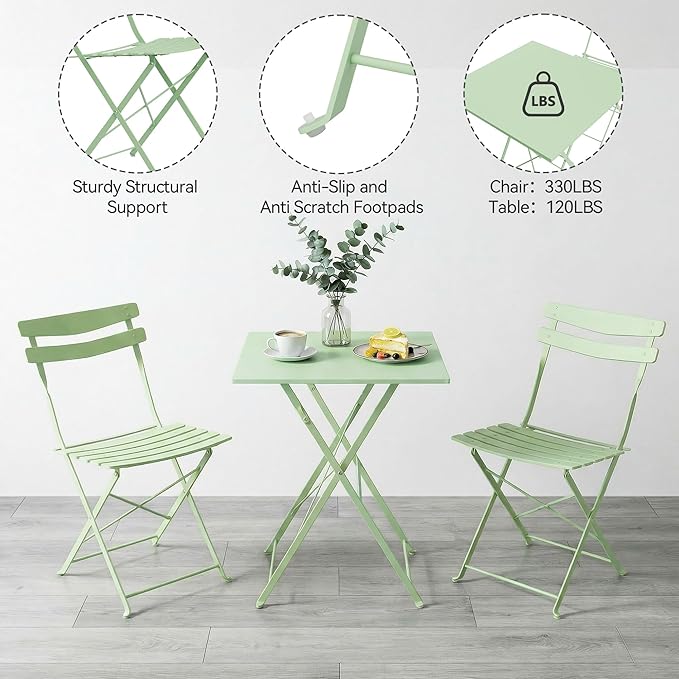 GarveeLife 3 Piece Patio Bistro Set, Folding Patio Bistro Table and Chairs Set