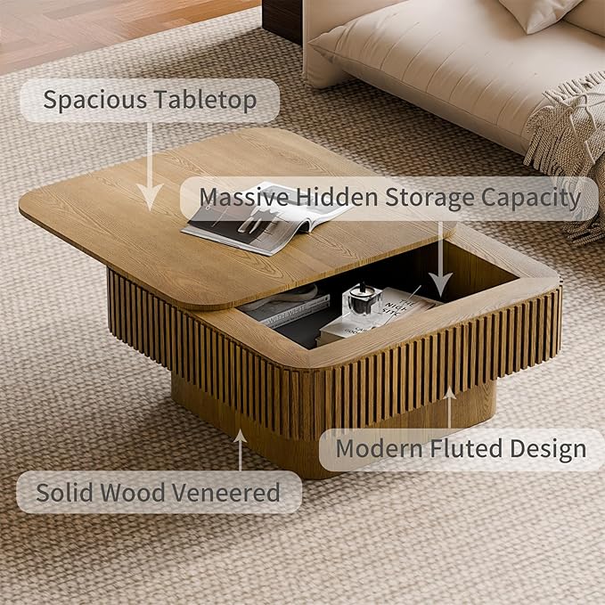 Square Coffee Table for Living Room, Fluted Drum Accent Tea Center Table