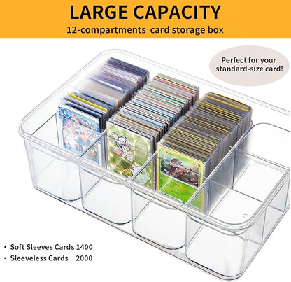 Portable Card storage box with 12 Removable Containers,Storage Box with lid for 2000+ Cards Fits for Standard Cards, TCG, PTG and Sport Cards, with 10 Soft Sleeves(clear,1pack)