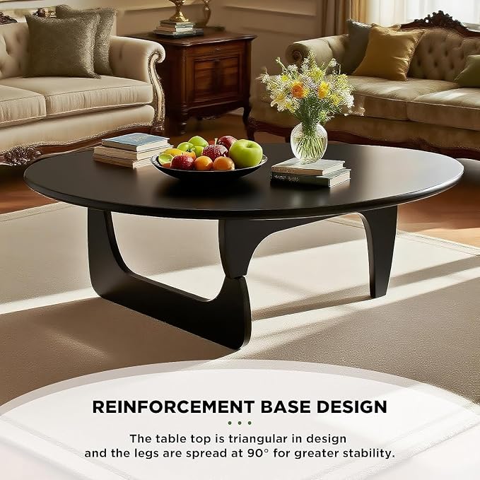 Solid Wood Triangle Coffee Table,Unique Mid Century Modern Oval Coffee Table,Irregular Geometric Tea Tables for Home Living Room with Wooden Tabletop and Reinforced Legs Black 50" L x 31" W x 16" H